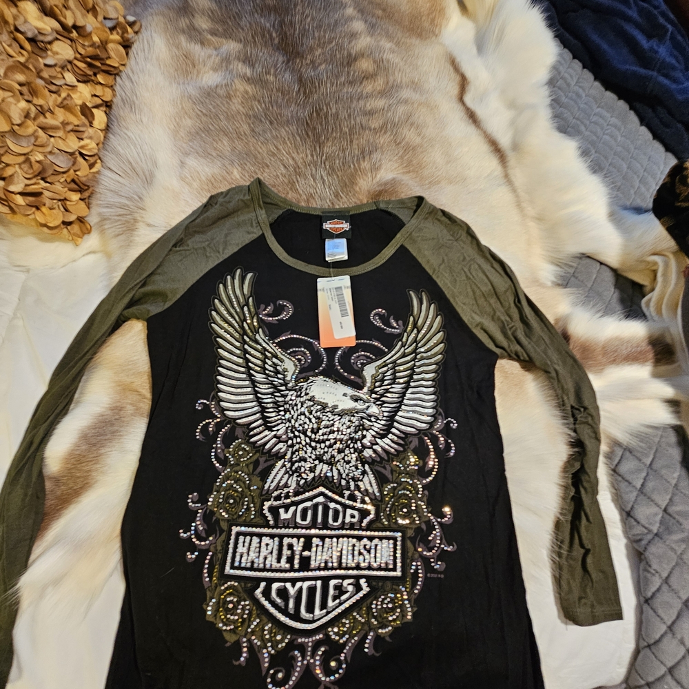 Harley-Davidson Black and Olive Long Sleeve Bling Top